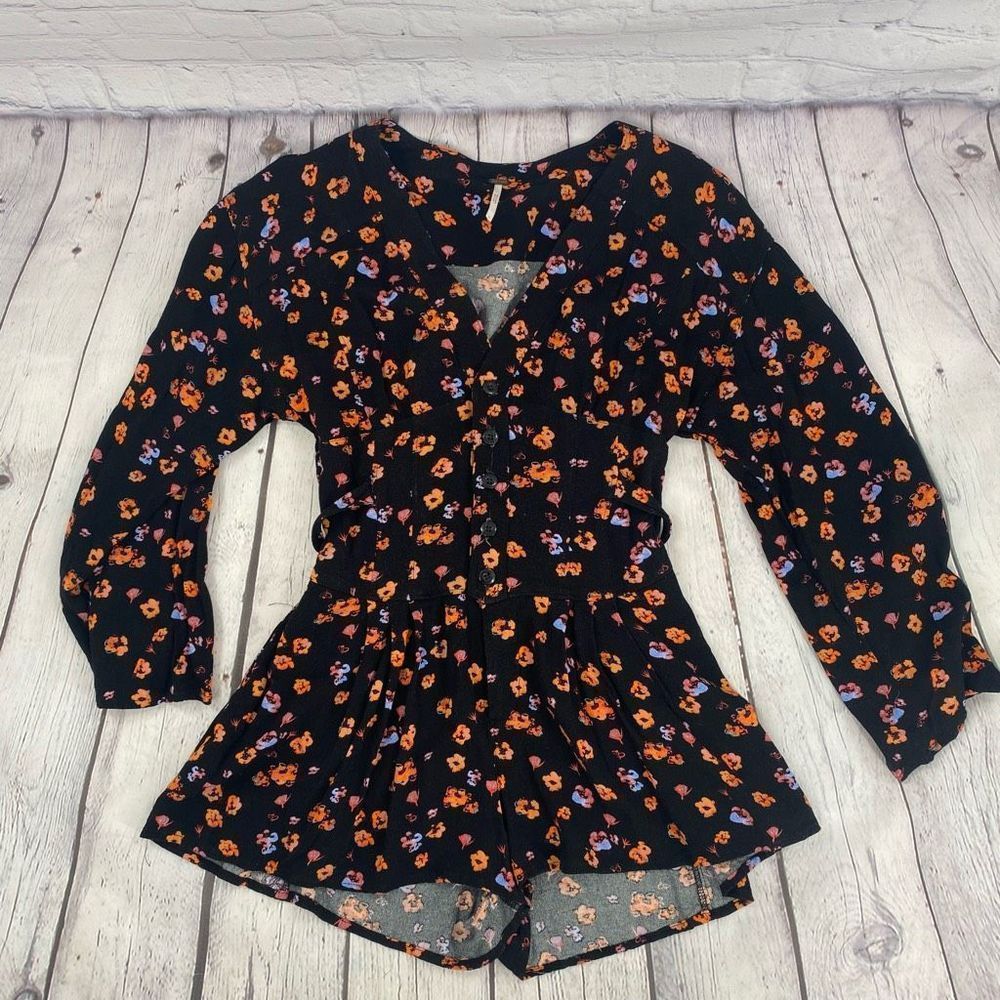 Free People L’Amour Printed Romper Black Long Sleeve Size 0 - Picture 7 of 9